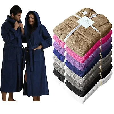 Unisex 100% Egyptian Cotton Terry Towelling Shawl Collar Hooded Bathrobe Gown • £22.99