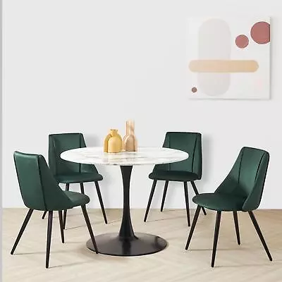 Tulip Dining Table And Chairs Set 4x Green/Green Velvet Chairs Home Kitchen • £109.99