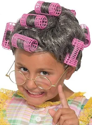 Old Lady Wig With Curlers Gray Hair Child Aunt Gertie Costume Girls Kids Short • $18.99