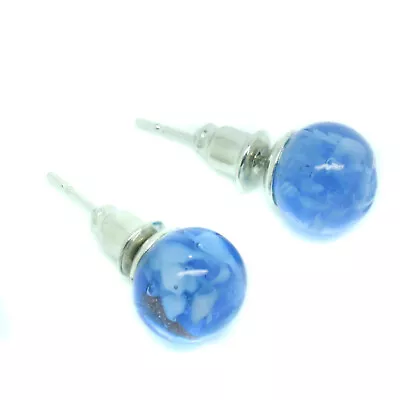 Murano Glass Earrings Blue Silver Circular Handmade Authentic From Venice • $12.38