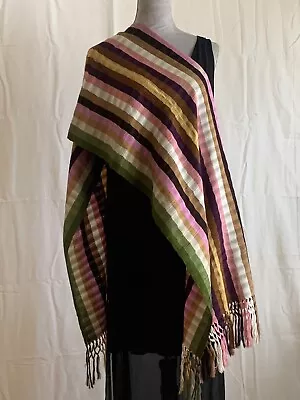 Vintage Mexican Multicolor Striped Handwoven Shawl W Hand Knotted Fringe 19x78  • $24.95