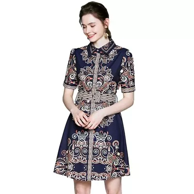 Womens Occident Lapel Modern Vintage Style Printed Dresses Empire Waist A-Line L • $40.17