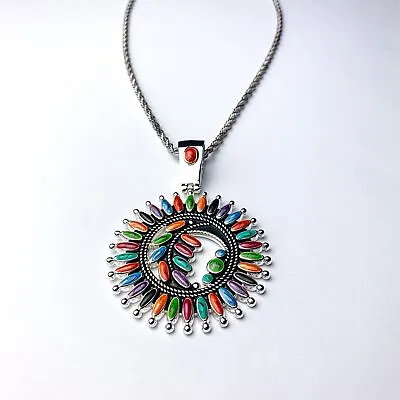 Retro Rainbow Painted Mandala Style Pendant Necklace • $10