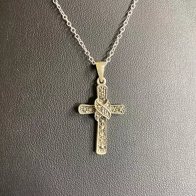 925 Sterling Silver Marcasite Cross Pendant Link Chain Necklace 4.24g • $18.99