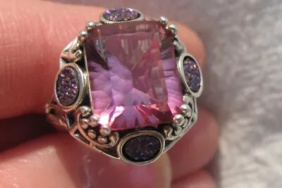 Estate Sterling Silver Pink Magenta Fire Mystic Topaz & Druzy Quartz Ring Size 5 • $75