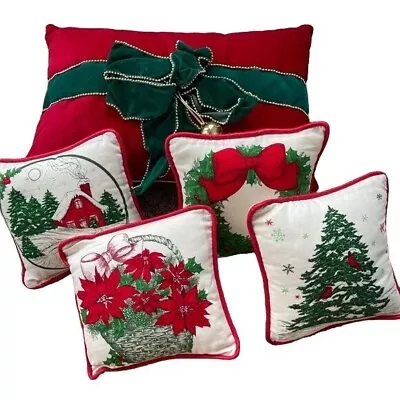 Vintage Christmas Accent Pillow Set 5 Red Green Velvet Rectangle Winter Scene • $29.52