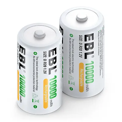 EBL D Size Rechargeable Batteries 10Ah Ni-MH 1.2V D Cell Battery + Box 2pcs • $13.59