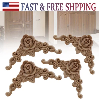 $9.99 • Buy 4Pcs Wooden Carved Applique DIY Furniture Unpainted Mouldings Corner Onlay Decor