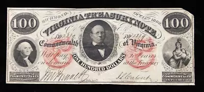 1862 $100 Richmond Virginia Obsolete Treasury Note VF Details W/ Corner Missing • $39.50