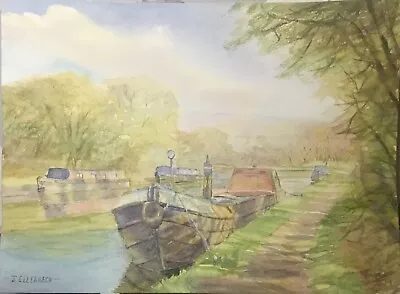 Watercolour Painting Canal Barges  Narrow Boats Sunny Day By  Artist J Ellerbeck • £0.99