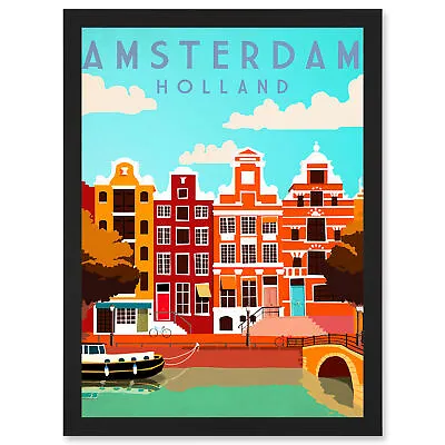 Travel Amsterdam Holland Netherlands Canal Boat Houses A4 Framed Wall Art Print • £18.99