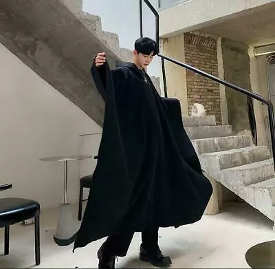 Mens Fashion Hooded Wool Blend Pullover Oversize Cloak Cape Coat Ourwear Black • $56.62