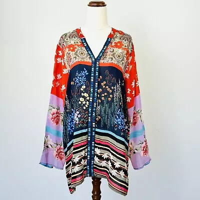 Johnny Was Womens Tunic Top Floral Long Sleeve Embroidered Semi Sheer Size L • $149.95