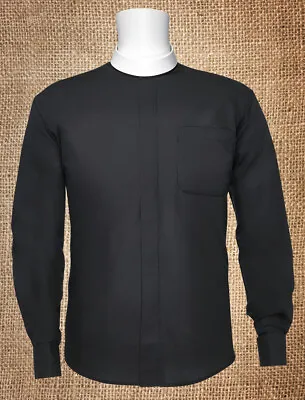 Men's *BLACK* Long Sleeves BANDED Collar Clergy Clerical Minister Priest Shirt • $27.99