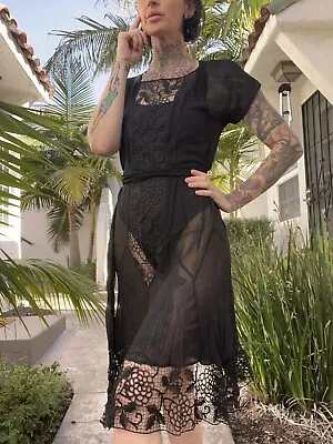 Antique 1920’S Sheer Chiffon Flapper Dress W Belt Tie Art Deco Great Gatsby • $125