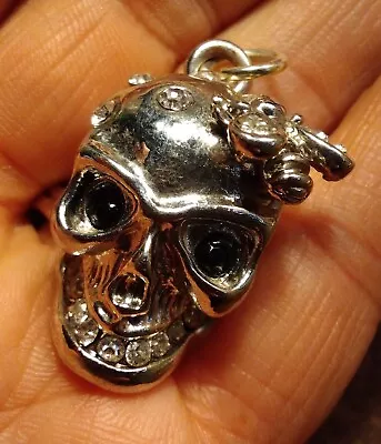 Silver Gemmed Skull Necklace Pendant Bumblebee Garden Goth Crystal Teeth Wiccan  • $3.80