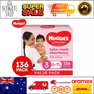 $64.80 • Buy Huggies Ultra Dry Nappies For Size 3 6- 11kg Girls' 136 PK DRYTOUCH TECH Nappies