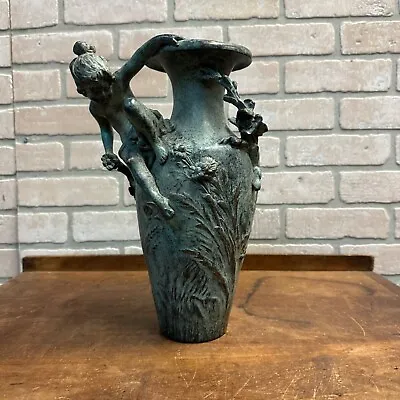 Antique 19th C. Auguste Moreau Nymph Girl Solid Bronze Art Nouveau Vase - SIGNED • $399.99