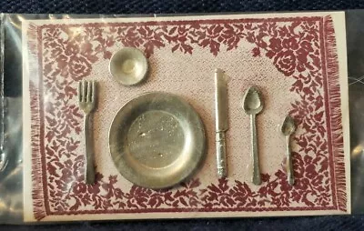 4 Merz & Co. Pewter Dollhouse Miniature Plate Flatware Place Setting Fork Spoon • $11.95