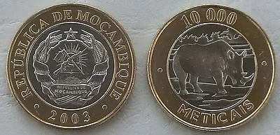 Mozambique/Mozambique 10000 Meticais Currency Coin 2003 Rhino P131 Uncirculated • $17.10