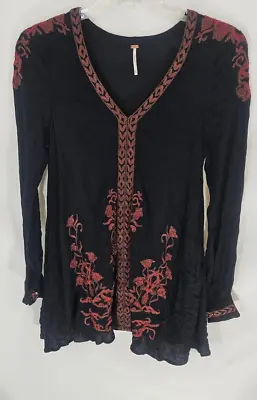 Free People Moroccan Tunic Black Red Embroidered  Dress XS • $14.95