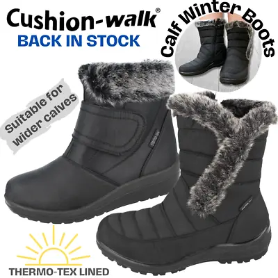 Ladies Cushion Walk Thermo-Tex Canvas Faux Fur Trim Foot Strap Snow Ankle Boots  • £29.99