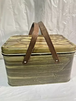 Vtg National Can Corp Metal PICNIC BASKET W Handles Faux Wood Grain Tin Box • $29.99