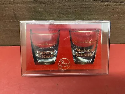 Vintage Makers Mark Shot Glass Set Gold Rim And Printing Set Of 2 With Case VTG • $17.99