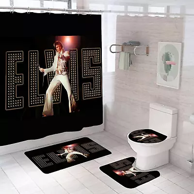 Elvis Bathroom 4 Pieces Set Shower Curtain Toilet Lid Cover And Bath Mat Non-S • $54.58