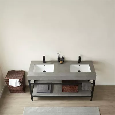 Funes 60  Double Sink Bathroom Vanity In Matte Black Frame Gray Top No Mirror • $1017.36