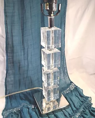 MCM Retro Square Clear Lucite Blocks Table Lamp Chrome Base 18  • $64.08