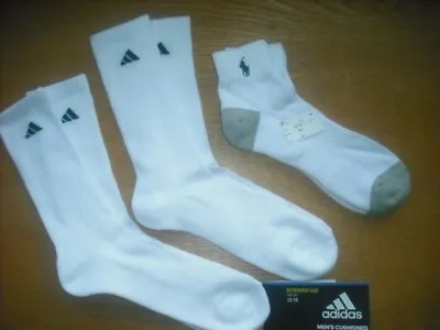 Mens NWT Adidas Crew & POLO Ankle Socks 3prs BIG TALL White Cushion Sz:XL(12-15) • $13.75