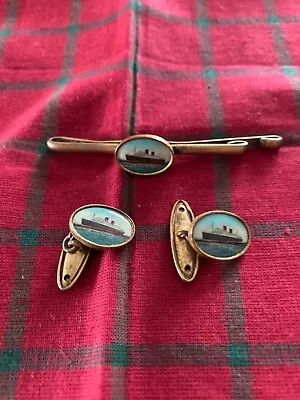 RMS Mauretania Cunard Line Oceanliner Cruise Ship Enamel Cuff Links & Tie Clip • $39.45