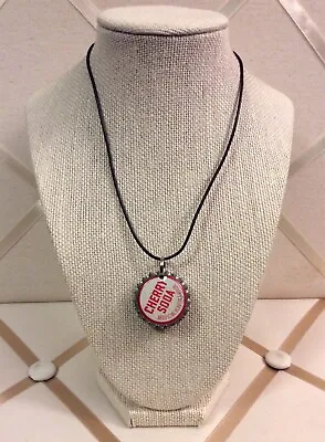 Vintage Cherry Soda Bottle Cap Pendant On Fossil Cord Silver Tone Necklace • $4