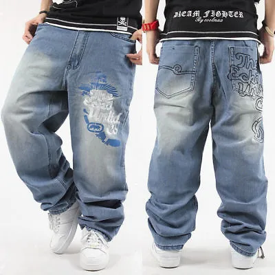 Mens Hip-Hop Jeans Denim Ecko Relaxed Baggy Loose Streetwear HipHop Pants Punk • £52.43