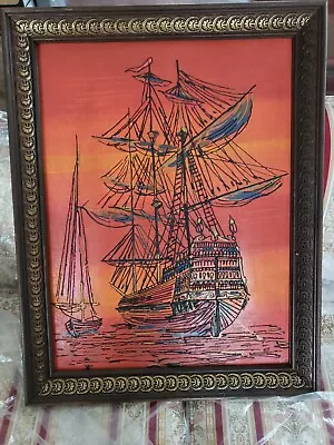 Vtg MCM War Battle Ship Galleon Painting Sailing Vessel Boat Mid Century Modern • $199.99