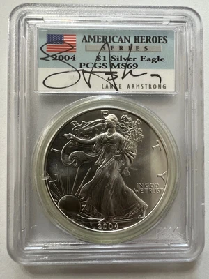 £60.57 • Buy 2004 $1 Silver American Eagle PCGS MS69 American Heroes Lance Armstrong Signed