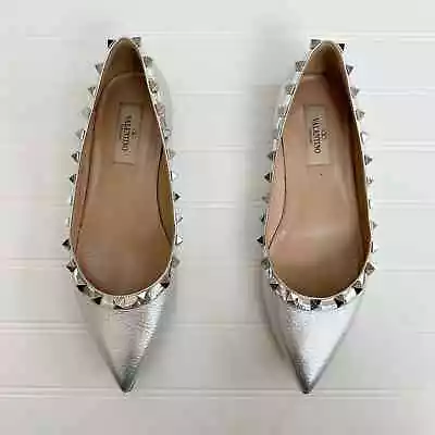 Valentino Garavani Rockstud Ballet Flat Pointed Toe Silver Metallic  • $365