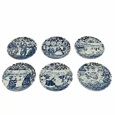 6ct Boch Delft Dutch Kids Folk Porcelain Blue & White Mini Plates 4.25” Trinket • $39.99