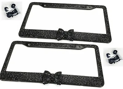 2 X Black Bow Tie Bling Diamond Crystal Metal License Plate Frame For VW Porsche • $19.95