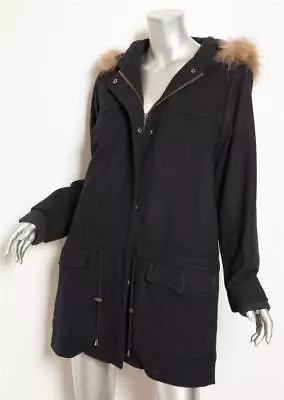 ATHE VANESSA BRUNO Womens Dark Navy Blue Fur Trim Hood Parka Jacket Coat 4-36 • $112