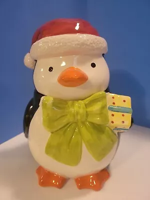 Porcelain Penguin Cookie Jar Green Bow Santa Cap 11  Tall • $14.99