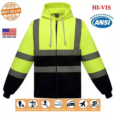 Hi Vis ANSI Safety Hooded Sweatshirt Zipp Up Hoodie Fleece Running Construction • $34.95