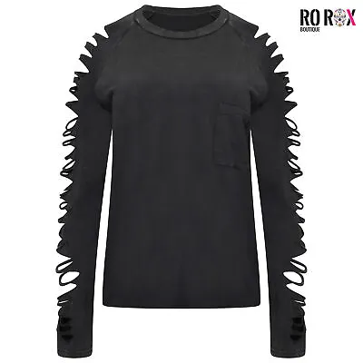 £7.50 • Buy Ro Rox Anine Top Acid Wash Distressed Look Goth Punk Cotton Slashed Long Sleeves