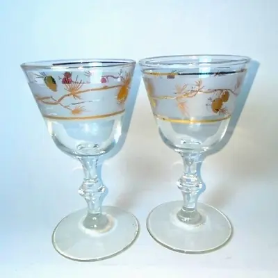 2 Vintage 1960s Clear Frosted Glass Cordial Wine Glasses Gold Pinecones Designs • $17.98