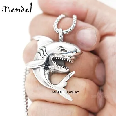 MENDEL Mens Boys Girls Shark Fish Pendant Necklace Stainless Steel Chain Set • $10.99