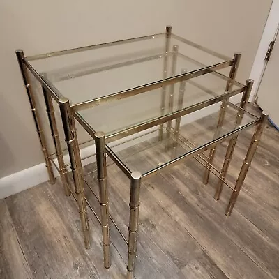 Faux Bamboo Brass Metal And Glass Set Of Three Nesting Tables With Glass Tops • $140