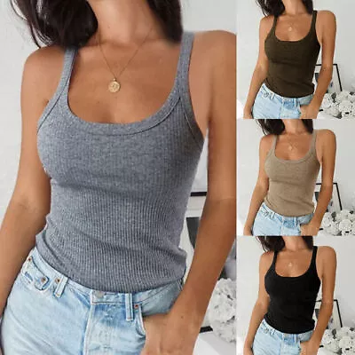 Womens Plain Ribbed Cami Vest Tops Ladies Stretchy Casual Tank Tops Shirts UK • £8.89