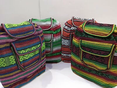 RASTA Bag Beach Hippie Baja Ethnic Multicolors Wide Backpack Made In Mexico • $17.99