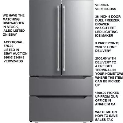 Verona VERF36CDSS 36 Inch Freestanding 4-Door French Door Refrigerator 22.5 CF • $2100